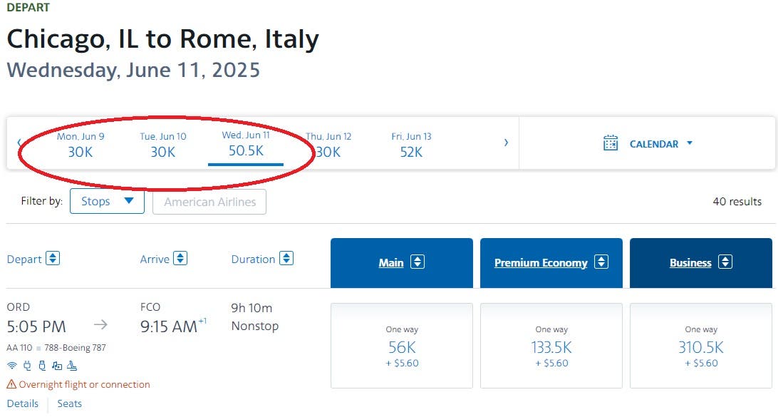 Screenshot showing example booking from Chicago to Rome