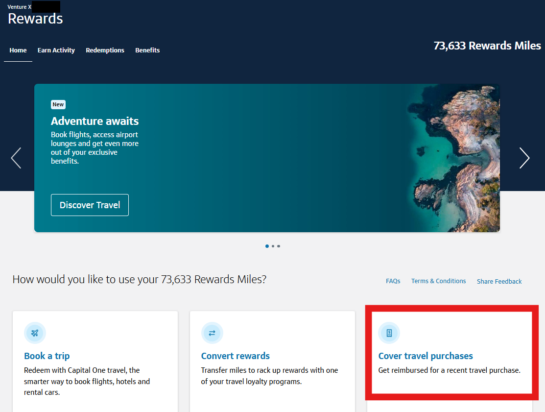 Navigate to the rewards section of your Capital One account and choose 'Cover travel purchases'