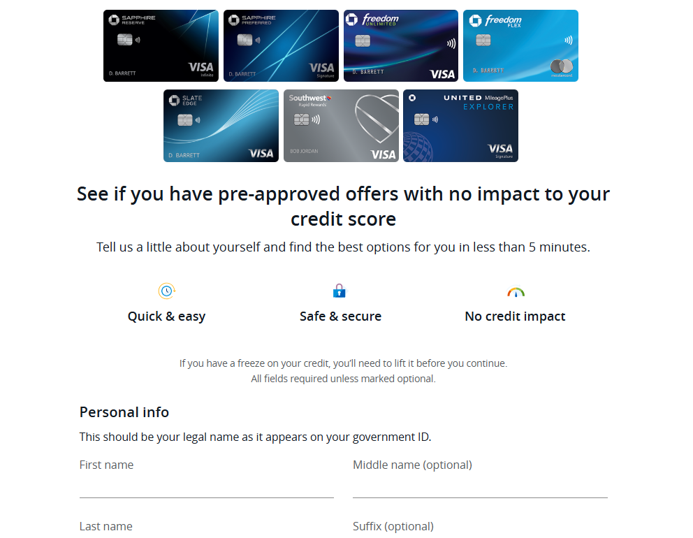 A screenshot of the Chase preapprovals web page.