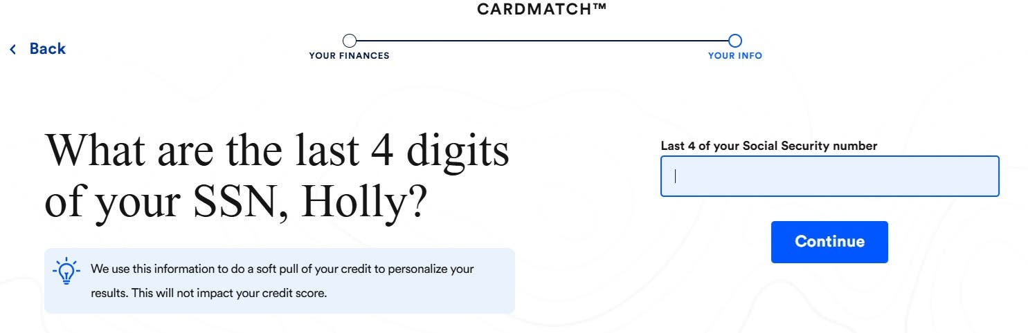 Screenshot of the next step of the CardMatch process -- Enter the last 4 digits of your SSN